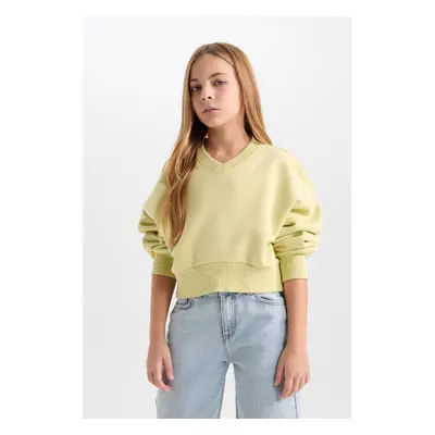 DEFACTO Girl Crop V Neck Basic Plain Sweatshirt