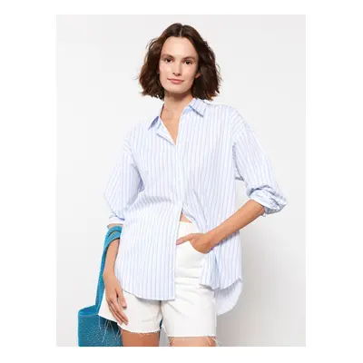 LC Waikiki Women's Front Button Closure Striped Long Sleeve Poplin Shirt