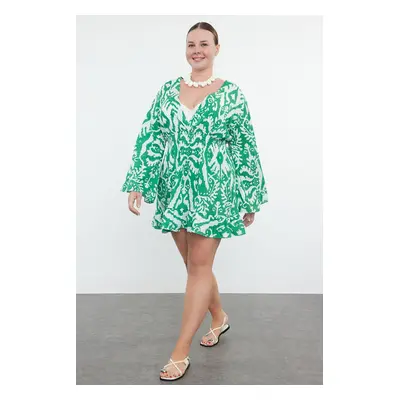 Trendyol Curve Green Ethnic Patterned Spanish Sleeve Skater Mini Woven Beach Dress