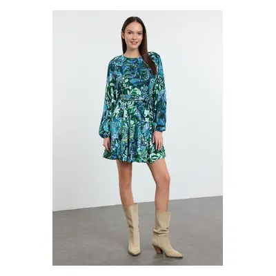 Trendyol Green Belted Floral Mini Woven Dress