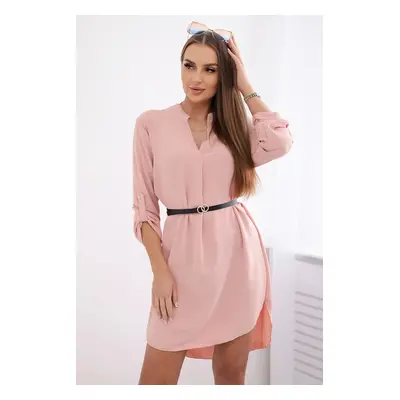 Dress with a longer back and a belt powder pink