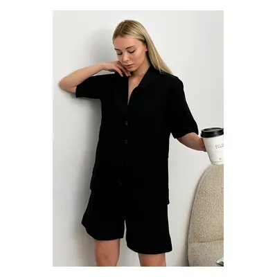 Trend Alaçatı Stili Women's Black Single Pocket Shorts Woven Pajamas Suit