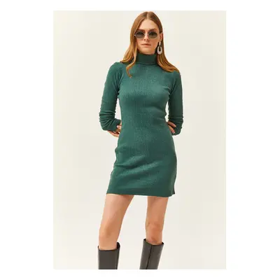 Olalook Women's Green Full Turtleneck Thick Ribbed Mini Dress