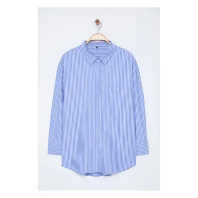 Trendyol Curve Blue Striped Boyfriend Plus Size Woven Shirt