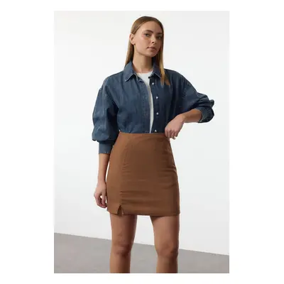 Trendyol Brown Velvet Fabric Slit Mini Length Woven Skirt