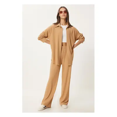 Happiness İstanbul Women's Biscuit Casual Knitted Shirt Pants Suit