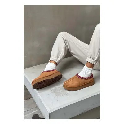 NİŞANTAŞI SHOES Sweet Tobacco Suede Inner & Shearling Flat Sole Sabo Indoor Slippers