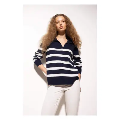 DEFACTO Regular Fit Polo Collar Striped Basic Plain Knitwear Sweater