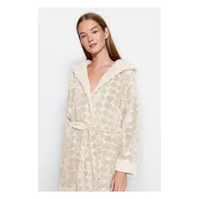 Trendyol Ecru Belted Heart Patterned Fleece Knitted Dressing Gown