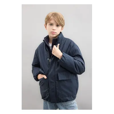 DEFACTO Boy's Water Repellent Stand Collar Zippered Snap Closure Pocket Coat