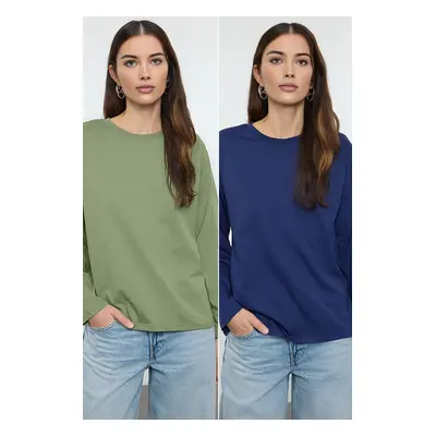 Trendyol Navy Blue-Khaki 2-Pack 100% Jersey Oversize/Wide Cut Knitted T-Shirt