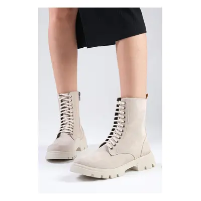 Mio Gusto Alvina Beige Suede Laced and Zippered Thick Soled Women's Combat Boots