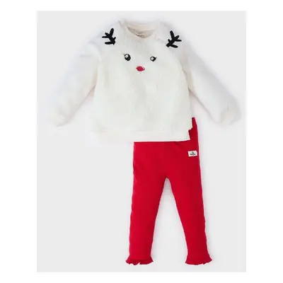 DEFACTO Baby Girl New Year Themed 2-Piece Set Crew Neck Plush Sweatshirt Elastic Waist Tights