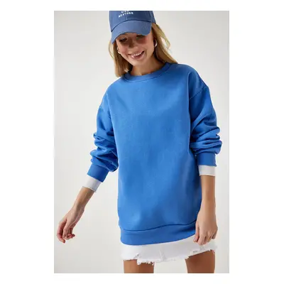 Happiness İstanbul Women's Sky Blue Raised Basic Sweatshirt