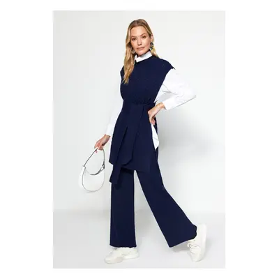 Trendyol Navy Blue Belted Brass Knitted Sweater-Trousers Knitwear Two Piece Set