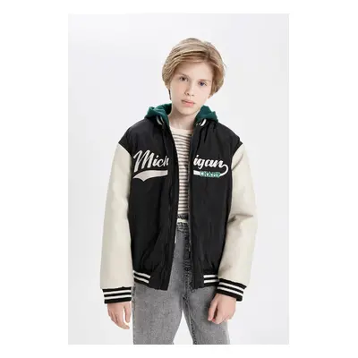 DEFACTO Boys Detachable Hooded College Collar Zippered Bomber Jacket Coat