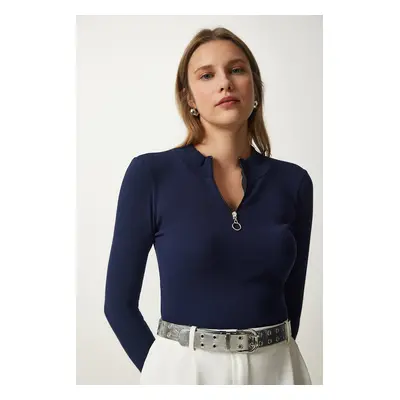 Happiness İstanbul Women's Navy Blue Zipper Collar Knitted Blouse