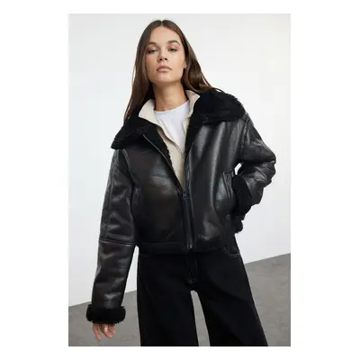 Trendyol Brown Oversize Molded Plush Detail Biker Jacket Coat