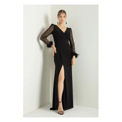 Lafaba Women's Black V-Neck Long Sleeve Evening Dress with Stones and Slit