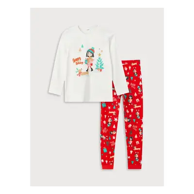 LC Waikiki Crew Neck Christmas Themed Long Sleeve Girls Kids Pajamas Set