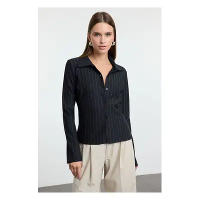 Trendyol Black More Sustainable Striped Shirt Collar Fitted Knitted Blouse