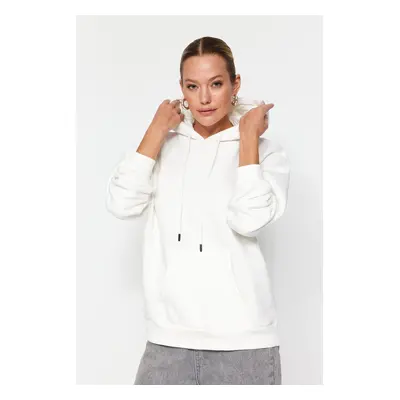 Trendyol Thick Ecru, Fleece Inside Oversized/Wide Fit with a Hooded Basic Knitted Sweatshirt