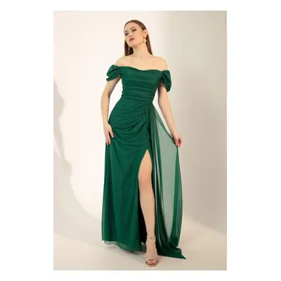 Lafaba Women's Emerald Green Boat Neck Draped Slit Long Silvery Evening Dress