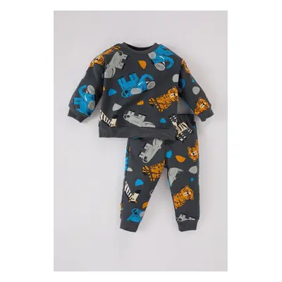 DEFACTO Baby Boy 2-Piece Set Crew Neck Animal Patterned Sweatshirt Elastic Waist Bottom