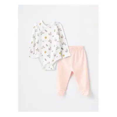 LC Waikiki Crew Neck Long Sleeve Printed Baby Girl Snap Bodysuit and Pants 2-Piece Set