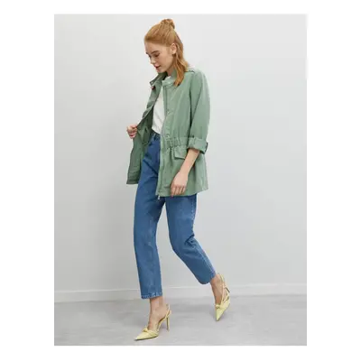 Koton Women's Gathered Waist High Neck Green Trench Coat