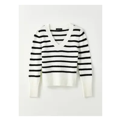 LC Waikiki Women's V-Neck Striped Long Sleeve Knitwear Sweater