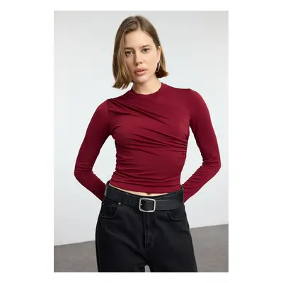 Trendyol Burgundy Gathered/Drape Detailed Fitted/Body-Smoothing Long Sleeve Flexible Knitted Blo