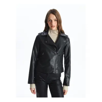 LC Waikiki Women's Biker Collar Plain Leather Look Coat