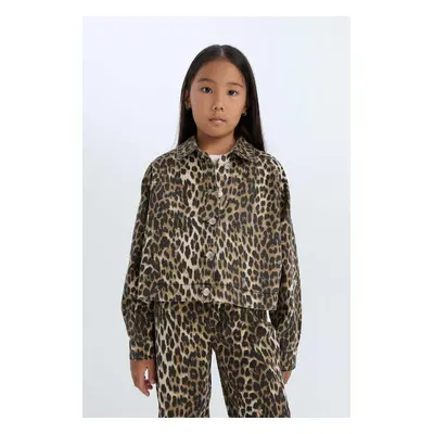 DEFACTO Girl's Leopard Print Buttoned Gabardine Long Sleeve Shirt Jacket