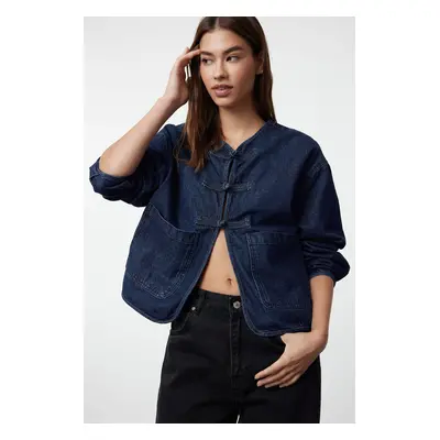 Trendyol Dark Blue Front Tie Oversize Denim Jacket