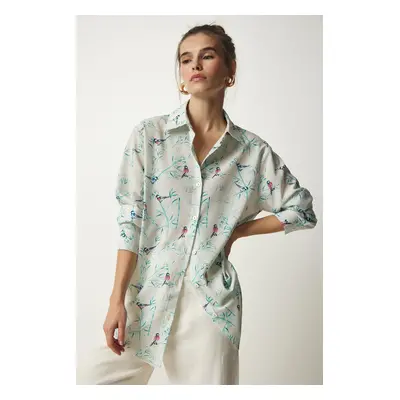 Happiness İstanbul Women's Ecru Green Patterned Oversize Satin Finished Shirt