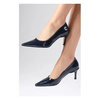 Mio Gusto Claudine Navy Blue Color Patent Leather Chunky Pointed Toe Women's High Heel Shoes