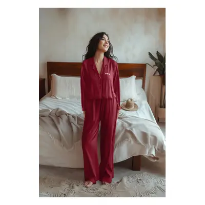 Trendyol Burgundy Rose Accessory Detailed Viscose Woven Pajama Set