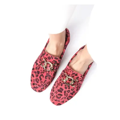 Mio Gusto Myrcella Genuine Suede Orange Color Leopard Pattern Chain Accessory Blunt Toe Women's 