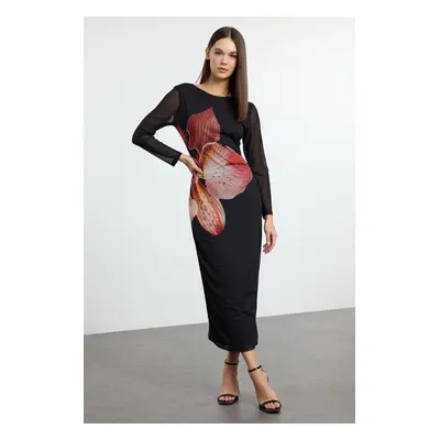 Trendyol Black Floral Maxi Floral Printed Fitted/Fits Tulle Stretch Knit Dress