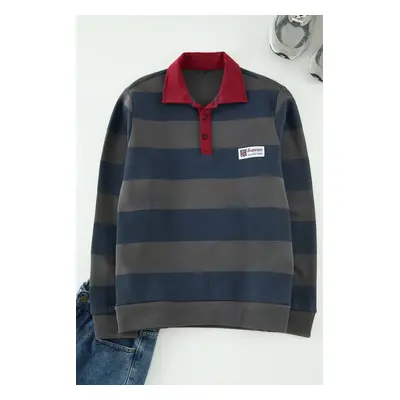 Trendyol Anthracite Regular/Normal Cut Polo Collar Striped Polar Fleece Inside Cotton Sweatshirt