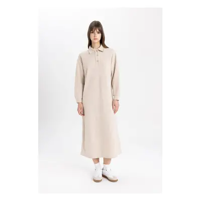 DEFACTO Regular Fit Buttoned Shirt Collar Basic Plain Long Sleeve Thessaloniki Fabric Knit Dress