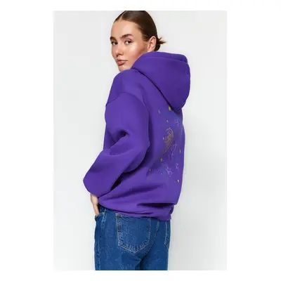 Trendyol Purple Thick Fleece Hooded Printed Oversize/Wide Fit Knitted Sweatshirt