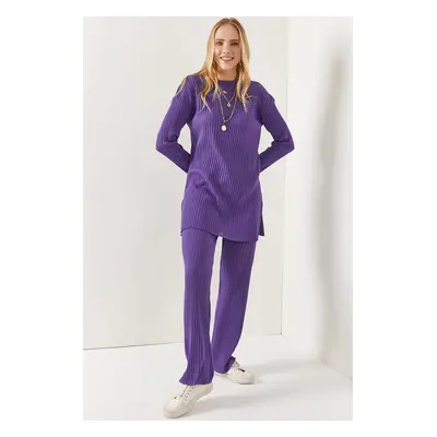 Olalook Women's Purple Top Slit Blouse Bottom Palazzo Corduroy Suit