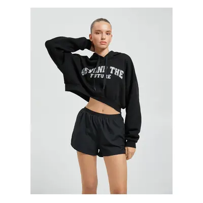 Koton Crop Sweatshirt Sports Slogan Embroidered Hoodie with Ribbed