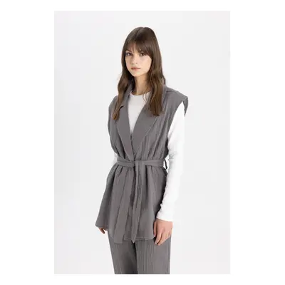 DEFACTO Double Breasted Belted Lightweight Long Muslin Vest