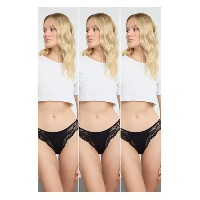 Trendyol Black 3-Pack Cotton Lace Detailed Brazilian Knitted Panties