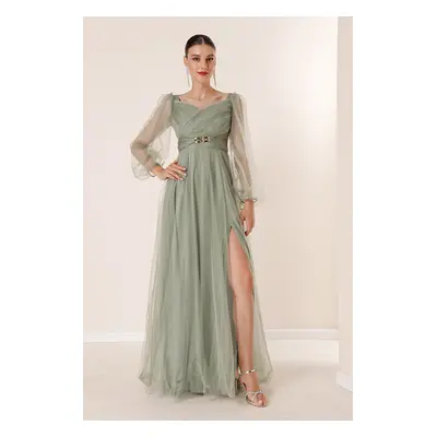 By Saygı Front Back V-Neck Waist with Stones and Draped Lined Long Tulle Dress