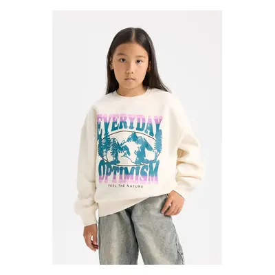 DEFACTO Girl Relax Fit Crew Neck Slogan Printed Sweatshirt