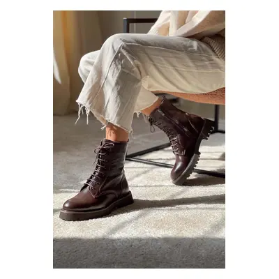 NİŞANTAŞI SHOES Tempest Brown Genuine Leather Heeled Lace Up Women's Boots